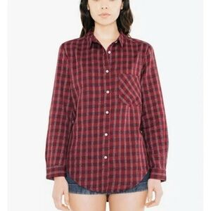 American Apparel Hank Long Button Down Shirt Flannel Red Plaid Made in USA